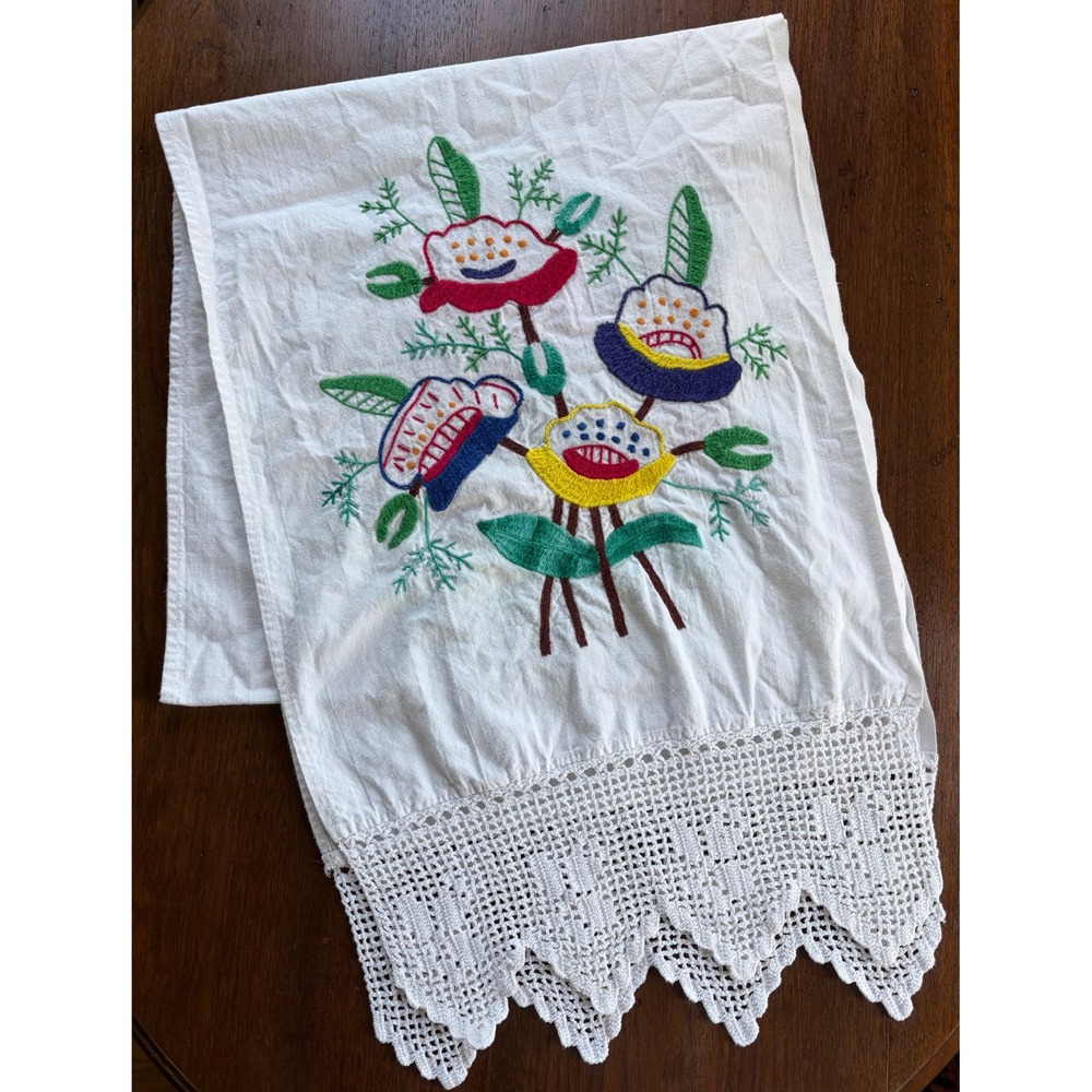 Vintage Embroidered Floral Table Runner White Cotton Crochet Lace Trim 74x15